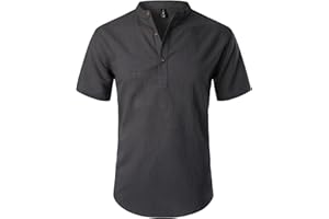 LucMatton Men's Casual Cotton Linen Short Sleeve Henley Shirt Summer Lightweight Banded Collar Beach Tops