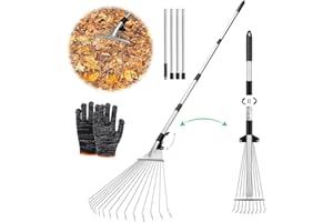 TUIBEIDAMAI Laubrechen Verstellbar mit Stiel 215cm,Fächerbesen Laubbesen,Laubharke Metall mit Handschuhe,Gartenrechen,Rechen Garten,Laubfächer,Rasenrechen zum Reinigen von Pflanzen, Rasen und Hof