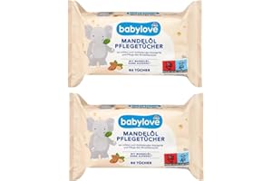 Babylove Mandelölpflegetücher - Sanfte Reinigung Mit Mandelöl & Salbei-Extrakt, für empfindliche Babyhaut & Erwachsene, Alkoholfrei, Feuchtigkeitsspendend 2 x 80 Stück + Halley Bedding Notizblock Set