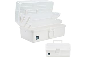 Creahaus Boîte de rangement multifonction à 3 couches de 33 cm avec compartiments, boîte à outils en plastique, boîte de rangement pour médicaments, accessoires capillaires, boîte de couture avec 2