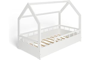 MS FACTORY Lit Enfant Bébé Maison 80x160 cm - Lit en Massif Cabane avec Protection Anti-retombée, Barrière Sécurité - Style Scandinave Montessori - Blanc Demi-barrières