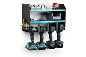 MegaMaxx Power Tool and Drill Storage Unit Charging Station for 4 Tools and 2 Shelf - Wall Mount Toolbox and Accessories Rack Cabinet for Workshop, Garage, Shed, Van, Drill Driver