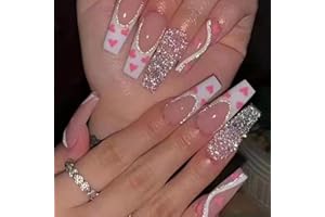 Luvadeyo - 24 unghie finte lunghe, ballerina, da donna e ragazza, in acrilico, copertura completa, motivo: cuori, colore: rosa