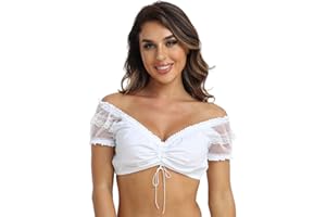 Jecarden Trachten Damen Dirndlbluse Spitze - Dirndlbluse weiß Kurzarm dirndlblusen Halbarm Tracht Bluse für Oktoberfest Baumwolle