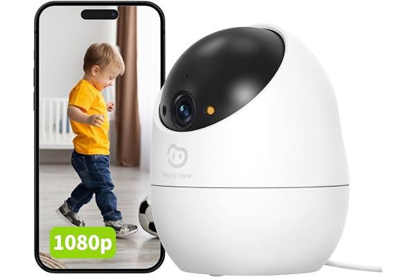 Beans View Caméra de Sécurité Intérieure D210, 360° Surveillance 2.4GHz Wi-Fi 1080P, Vision Nocturne Couleur, Détection & Suivi Auto des Humains, Stockage Carte SD Sans Abonnement, Caméra Bébé/Animaux