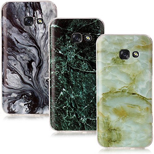 CLM-Tech 3in1 Accessori Set: 3 x Custodia in TPU Gomma per Samsung Galaxy A3 (2017) Case Marmo Modello Nero Grigio Verde colorato - Solo per Il Galaxy A3 di 2017