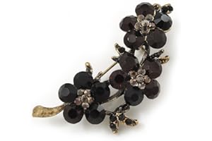 Avalaya Diamante Floral Brooch (Antique Gold & Black) - 5.5cm Length