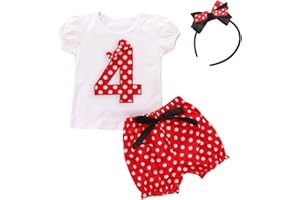 FYMNSI Ensembles Shorts et Haut Fille T Shirt en Coton à Manches Courtes + Pois Rouge Short Pantalons Courts + Bandeau d'oreille Été Vêtements de Fête d'anniversaire per Enfant Bébé 1-6 Ans