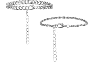 Tweruna 2 Pcs Silver Bracelet for Mens, Stackable Stainless Steel Silver Bracelet, Dainty Adjustable Chain Bracelets for Men, Sturdy Simple Cuban Link Bracelets Set, Mens Jewelry