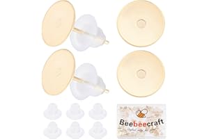 Beebeecraft 1 Box 200Pcs Earring Cabochon Settings 24K Gold Plated Stainless Steel Blank Stud Earring Bezel Post with 200Pcs Plastic Ear Nuts for DIY Stud Jewellery Making