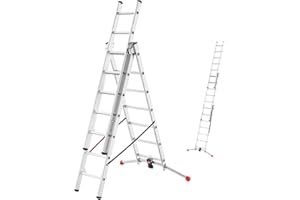 ‎HAILO Hailo Leiter HobbyLOT, 3-teilige Alu-Kombileiter, 3 x 7 Sprossen, Aluminium Leiter, Lot-System, 150kg Belastbarkeit, Aluleiter ausziehbar, Anlegeleiter