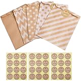 Gudotra Kraft Paper Gift Bags Candy Bags with Stickers for Food Biscuit Pouch Wedding Birthday Christmas Christening, Paper, Pink, 125sacs+ 132 autocollants