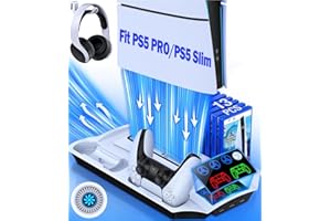 HELLCOOL Supporto PS5 Slim con Ventola di Raffreddamento,Base PS5 per PS5 Slim/Disc/Digital Edition,Stand PS5 con Doppio Ricarica Controller PS5/13 Slot di Gioco/3 Porta USB/Supporto per Cuffie(Nero)