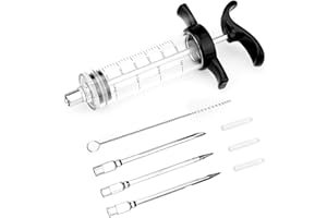 TONJIN Turkey Meat Injector Syringe Kit with 3 Marinade Needles for BBQ Grill Smoker, 1 Cleaning Brush, 1 Oz/30 ml Large Capacity Injector Marinades for Meats Black