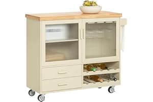 ‎SOBUY SoBuy FKW114-MI Design Küchenwagen mit Arbeitsplatte Küchenschrank Kücheninsel mit Gewürzregal Rollwagen Sideboard auf Rollen Küchentrolley Beige BHT ca. 109x92x38cm