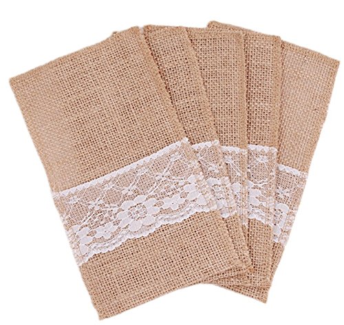 ODN 5pcs / lot natürliche Jute-Spitze-Taschen-rustikale Hochzeits-Geschirr-verpacken-Gabel-Leinwand-Halter-Tischbesteck-Tasche