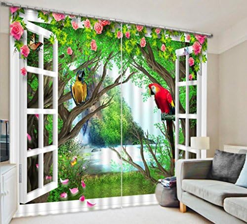 KKLL Curtains Polyester 3D False windows Parrot The stereo Visual effect Printing fabrics Panel for bedroom Home Decor Drape Blackout Window drapes , wide 2.03x high 2.13
