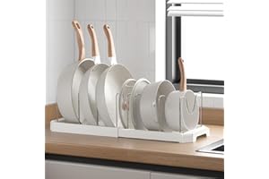 KAWAAN Porta Coperchi Pentole, Porta padelle allungabile, 7 scomparti regolabili, per la dispensa, per padelle, coperchi e piatti, Supporto per Coperchio in Metallo, Per cassetti (Bianco)