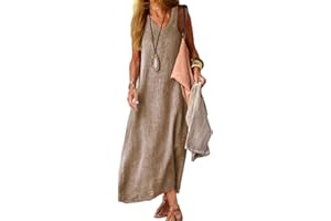 Juketron 2024 Abiti Estivi Donna Scollo a V Senza Maniche Canotta Abito Lungo Tinta Unita Abiti da Spiaggia in Lino di Cotone Abito Estivo Allentato Casual