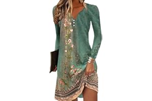Yeenily Mujer Vestido Cuello Redondo Manga Larga Imprimir Túnicas Mini Ajustado Casual Vintage Otoño Vestir