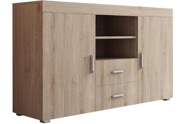 MB Muebles Bonitos – Aparador Roque Sonoma 140cm para Salón Comedor | 2 Puertas con Estantes, 2 Cajones | Melamina Sonoma Mat