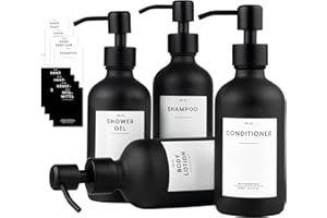 MONOKO 4er Set Seifenspender Schwarz Matt aus Glas | Shampoo Flaschen zum Befüllen | 250ml Spülmittelspender Küche | Spender Pumpkopf Edelstahl | Pumpflasche + Aufkleber