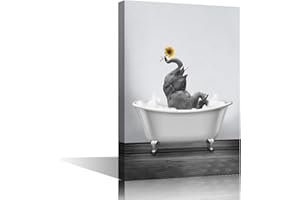 GENERIC Black and White Canvas Wall Art Funny Animal for Bathroom Kitchen Bedroom Elephant with Yellow Sunflower in Bathtub Giclee Print Picture Painting Stretched on Canvas Framed Artwork 12x18inch