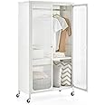 Multigot Portable Wardrobe, Rolling Closet Storage Organizer with Hanging Rail, Adjustable Shelf and Translucent Doors, Mobile Armoire Cloth Cabinet for Living Room, Bedroom