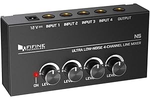 FIFINE TECHNOLOGY FIFINE Ultra Low-Noise 4-Channel Line Mixer for Sub-Mixing,4 Stereo Channel Mini Audio Mixer with AC adapter.Ideal for Small Club or Bar. As Microphones,Guitars,Bass,Keyboards or Stage Sub Mixer-N5
