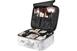 Luxspire Caja de Maquillaje de Viaje, Neceser Maquillaje Portátil, Doble Capa Cosmética Bolsa con Divisores Ajustables para Acomodar Cosméticos, Pinceles de Maquillaje, Joyas - Mármol Blanco
