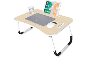 unycos - Plateau de Petit Déjeuner, Table de Lit Pliante Multifonctionnel, Plateau Bois, Support Ordinateur Portable avec Poignée, Porte-Gobelets, Porte-Tablette 60x40x26 cm (Bois sans Tiroir)