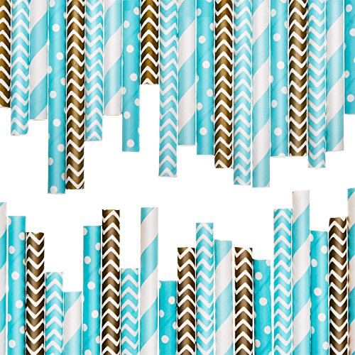 eBoot Papier Trinkhalm Trinken Dekoration Strohhalm für Geburtstag, Hochzeit, Weihnachten, Feierparty, 100 Stück, Golden und Blau - 3