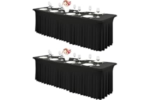FXKS 2 Stück Spandex Tischröcke,244 x 76cm Schwarz Stretch Tischdecke mit Rock Waschbare Tischrock für 8Ft Rechteck Tische, Einziehbare Tischabdeckung für Hochzeiten Bankette Messen