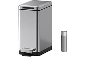 Mbillion Bathroom Bin 10 Liter Slim Design Step-On Trash Can with Strong Pedal and Soft Close Lid Stainless Steel, Living Room, Office, Stainless Steel Brushed