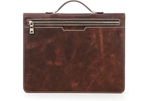 HIRAM Handmade Italian Leather Padfolio Multi-Function Business Portfolio Work Organizer Vintage Leather Conference Folder with Zipper Case for iPad 12.9”,with 13.3” Laptop pocket Right hander