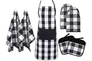 Kaxich Ofenhandschuhe, Topflappen, Küchentücher und Schürze, Baumwollfutter Schürzenset Hitzebeständige Topfhandschuhe für die Küche die Kochen Backen BBQ (7 Stück)