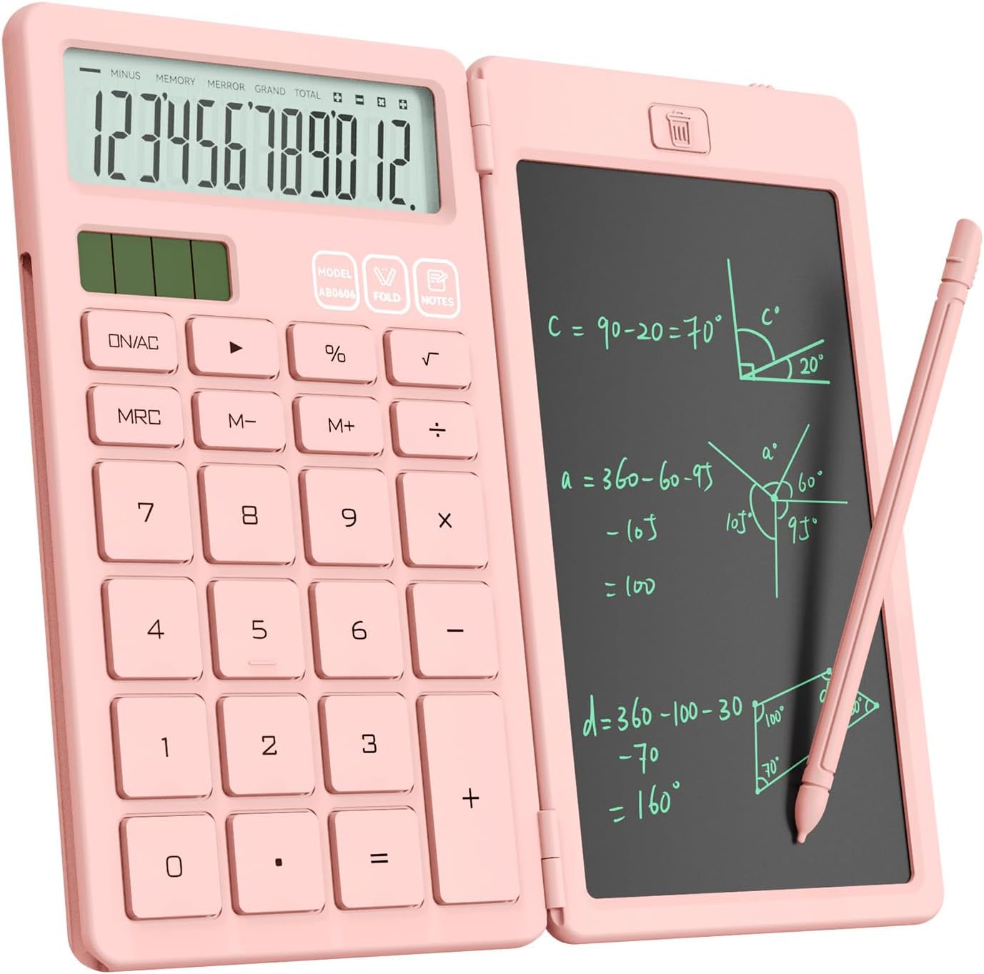 ROATEE Foldable 2-in-1 Basic Calculator with Erasable LCD Handwriting Tablet,12-bit HD Widescreen,Rechargeable Solar Dual Power Supply,Suitable for Students and Office Use (pink)