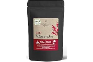 ‎NATURRAUM Bio Astaxanthin Pulver hochdosiert I 50g I Vakuumiert I Vegan I natürliches Antioxidant aus Haematococcus Pluvialis Mikroalgen I Dosierhilfe zum Dosieren von 8 mg, 12 mg & 16 mg I ohne Zusätze (50g)