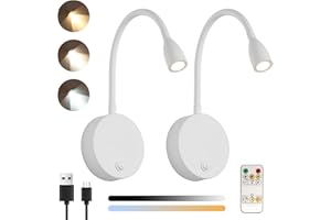 Klighten 2 Pcs Lampe de Lecture Murale Sans fil Dimmable avec Télécommande, Batterie 2W LED Lampe Chevet Murale, Réglable Applique Liseuse Rechargeable USB, 200LM, 3000/4500/6000K, Blanc