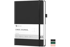 Lonely Oak Ligné Journal Carnet de Notes, 160 Pages A5 Carnet Cahier Relié Pour Femme & Homme, 120GSM Papier Sans Acide Avec Couverture Rigide en Cuir et Poche Intérieure(Noir)