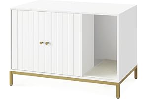 Feandrea Meuble Litière pour Chat, Maison de Toilette pour Chat, avec Tapis de Grattage, Pieds Hauts, Table d'Appoint, 80 x 50 x 55 cm, Blanc et Doré PCL007W01