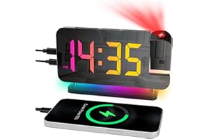 Cuteefun Reloj Proyector Techo, Reloj Despertador Digital con Doble Puerto de Salida USB C/A, Pantalla con Dígitos de 11 Colores, Brillo de 6 Niveles, Reloj Despertador LED con 10 Luces de Colores
