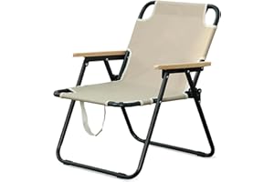 OVLRIJP Chaise Camping Pliante, Fauteuil Pliant Camping avec Accoudoirs en Bois, Chaise de Peche pour Balcon, Pêche, Pique-Nique et Randonnée (Beige)