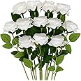Mocoosy 12PCS White Roses Artificial Flowers, Ivory White Fake Silk Roses Single Stem Flowers Artificial Rose Bouquet for Wedding Valentines Birthday Party Arrangment Centerpiece Home Table Decor