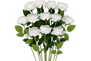 Mocoosy 12PCS White Roses Artificial Flowers, Ivory White Fake Silk Roses Single Stem Flowers Artificial Rose Bouquet for Wedding Valentines Birthday Party Arrangment Centerpiece Home Table Decor