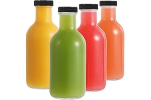 LIMILI Glass Juice Bottles, 4 Pack 500ml Reusable Glass Bottles with Lids, Clear Glass Drinking Bottles for Homemade Beverages, Picnics, Travel, School