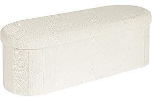 Bonlife Folding Ottoman Storage Bench,Boucle Footstool Oval, End of Bed Stool, Ideal for Living Room, Bedroom, 100L Storage Space,White,110x38x38cm