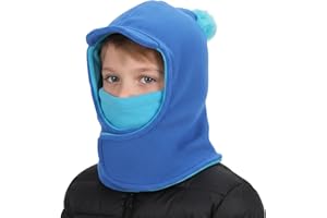 TAGVO Kids Thermal Balaclava Hat Unisex, Children Full Face Cover Hat Windproof Ski Mask Neck Warmer, Soft Snood Hood Hat with Pom Pom Warm Fleece Hat Winter Brim Cap for Boys Girls in Cold Weather