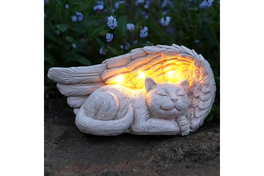 Festive Lights - 19.5cm Solar Stone Effect Cat Angel Wings Memorial Light with 3 Warm White LEDs - Weather Resistant Polyresin, Outdoor Garden Tribute Ornament - Integrated Panel, Automatic Night Glow