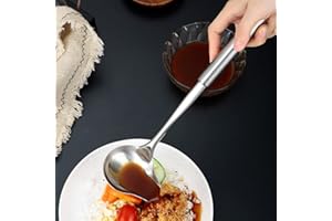 ANICY Cuchara de salsa de acero inoxidable – Cuchara para salsa con mango largo, cucharón, cuchara de riego, cuchara con gancho ovalado, plateado